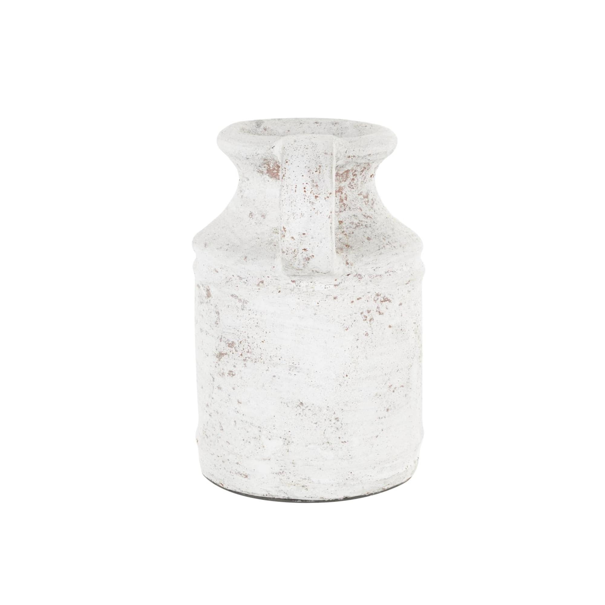 10" White Ceramic Antique Style Textured Vase with Terracotta Accents and Ring Handle